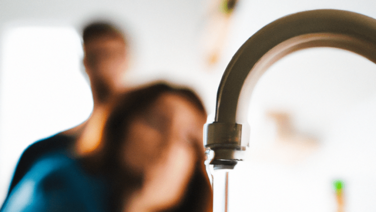 Wasser läuft aus einem Wasserhahn vor zwei schemenhaft erkennbaren Personen im Hintergrund