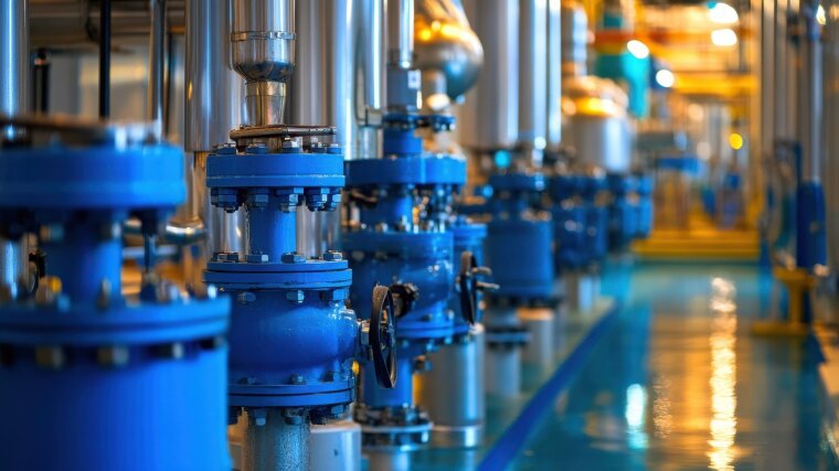 Eine Halle mit blauen Wasserpumpen