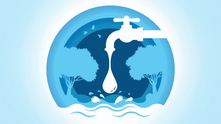 Wassertropfen, der vom Wasserhahn in einen Fluss fällt, im kreisförmigen, blau geschichteten Vektordesign